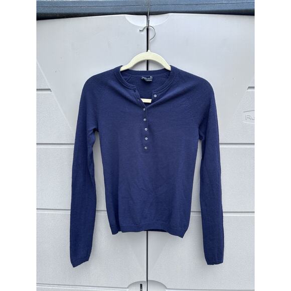 Theory Cashmere Henley Cashmere Sweater Sz S Slim Fit Navy Blue Minimalist READ - Picture 3 of 15